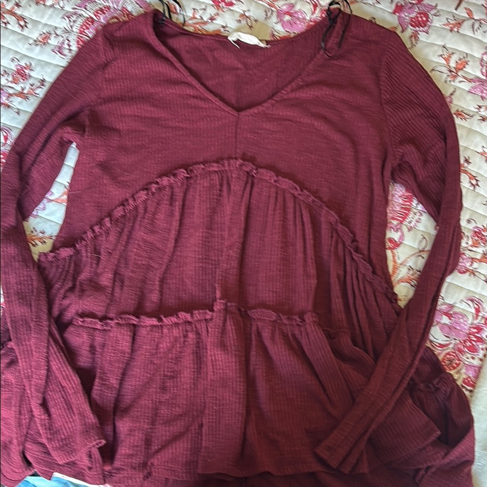 Altar'd State Red Ruffled Long Sleeve Peplum Blouse